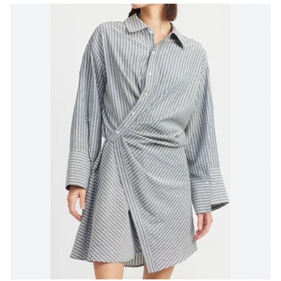 En Saison JJ Shirt Dress Womens Large Gray White Striped Wrap Tie Waist Collared - Picture 1 of 4
